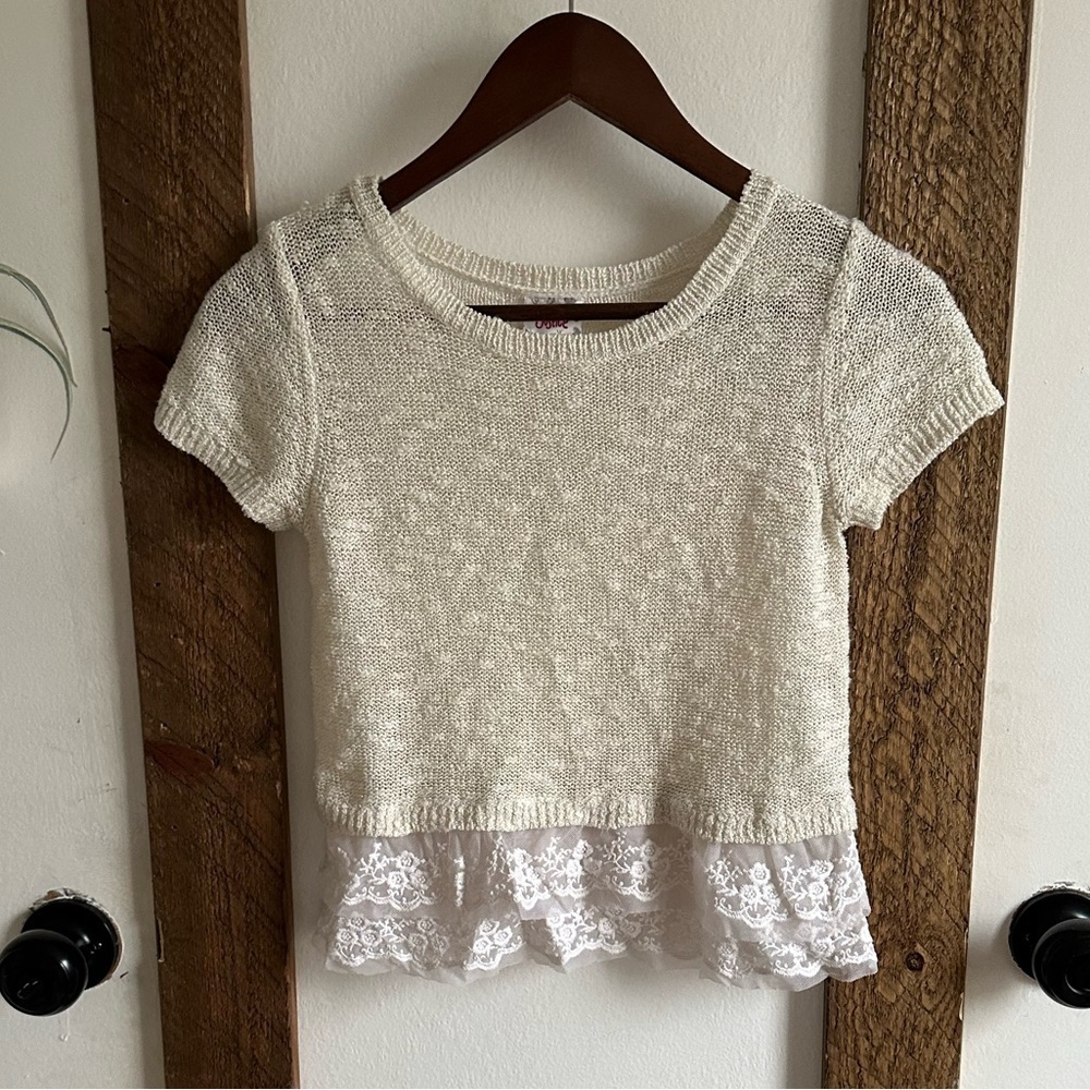 Justice Girls Short Sleeve Sweater Blouse Lace Tulle Bottom Size 12 Like New